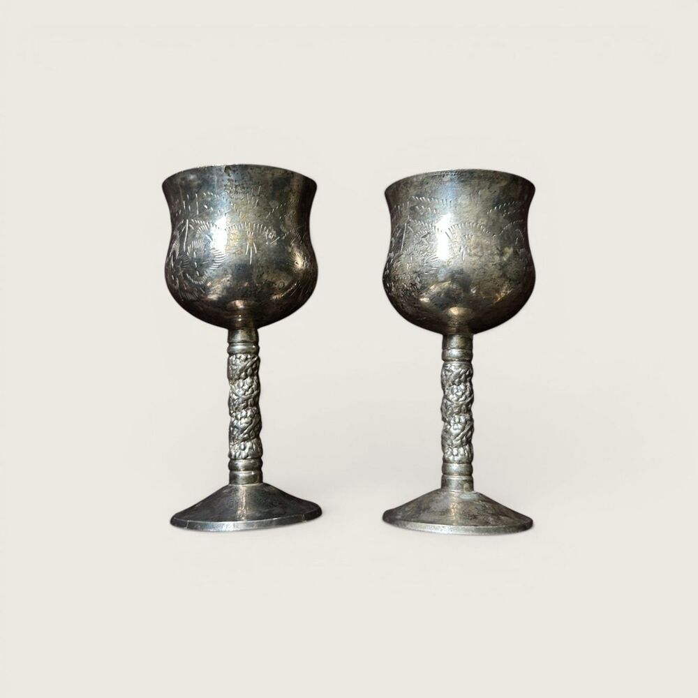 Vintage Silverplate Goblets Wine Cordial FPNS India Etched Cups Pair